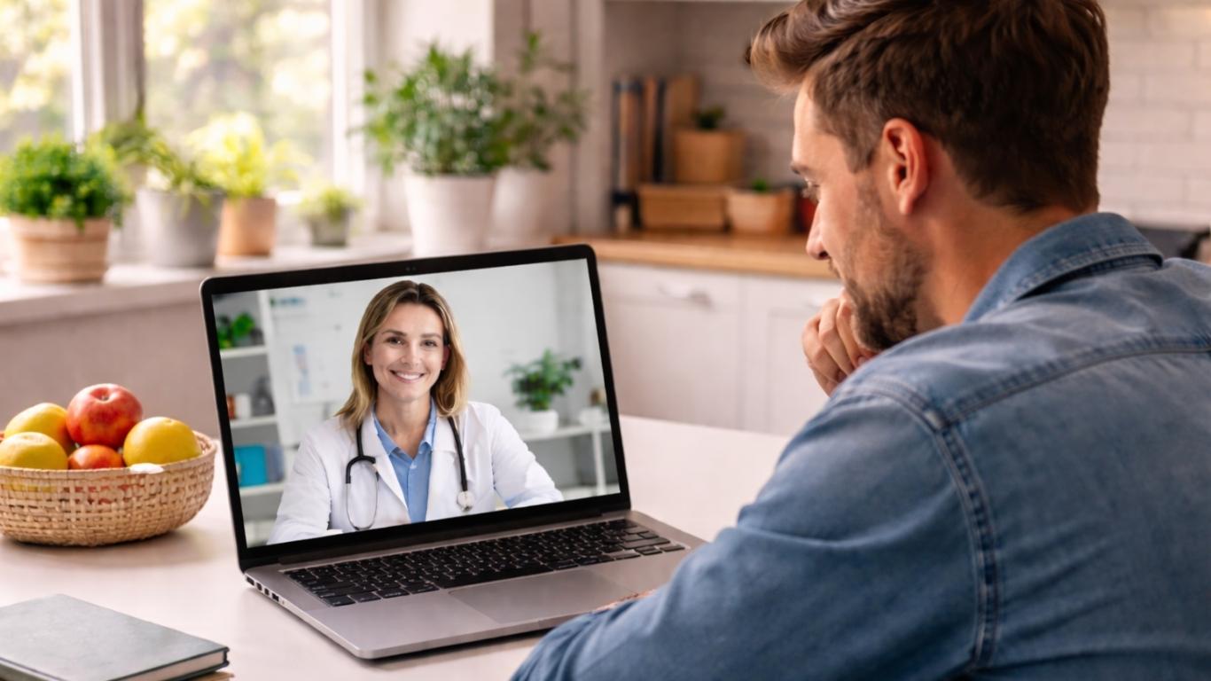 Homem a realizar consulta médica online num computador portátil sobre Ureaplasma com médico em videochamada