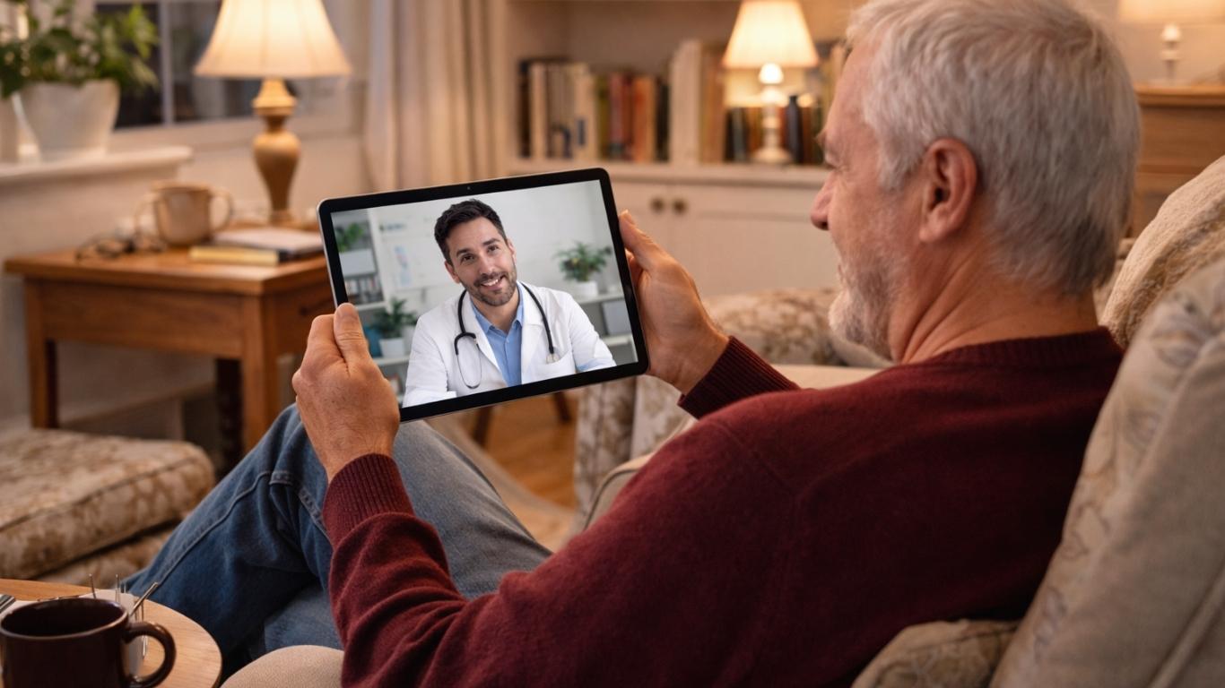 Homem mais velho em consulta médica online num tablet a falar com médico sobre condilomas acuminados