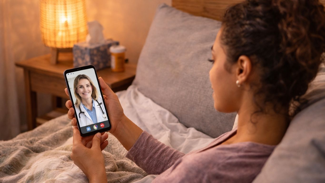 Mulher a realizar consulta médica online no telemóvel com médica sobre HPV em videochamada