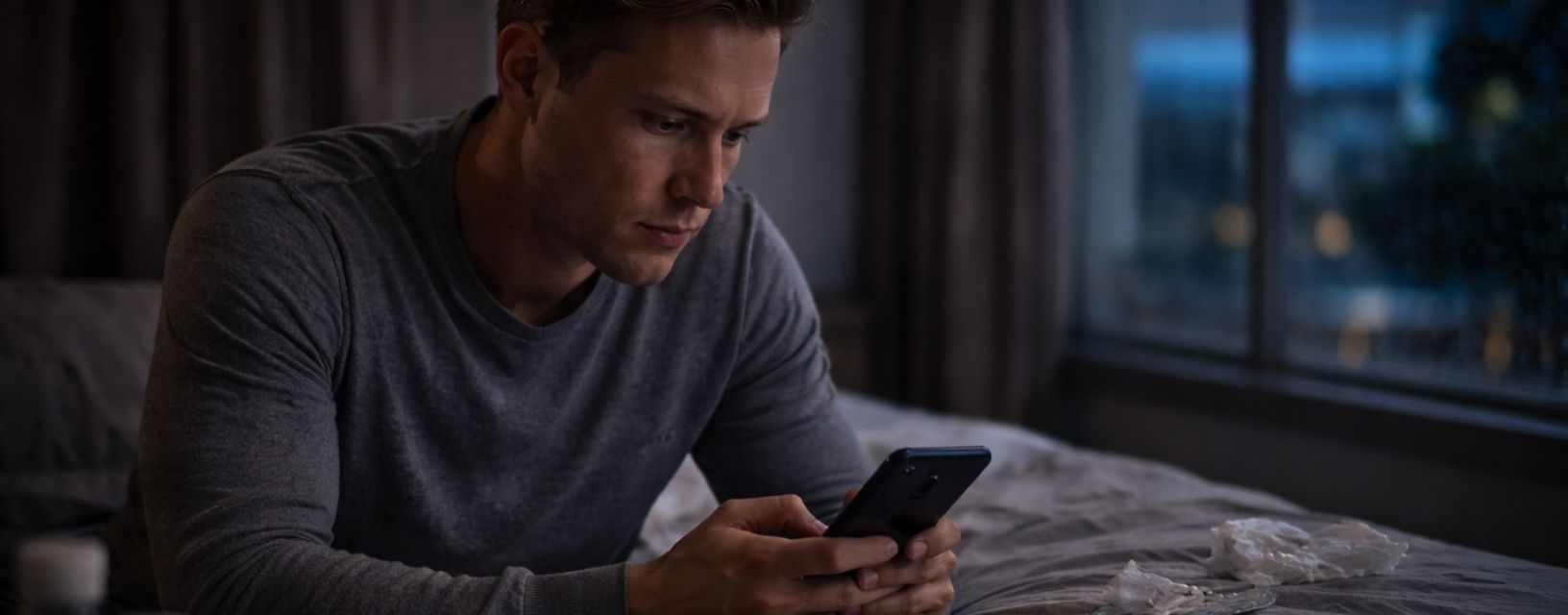 Homem preocupado a pesquisar sintomas de neurossífilis no telemóvel