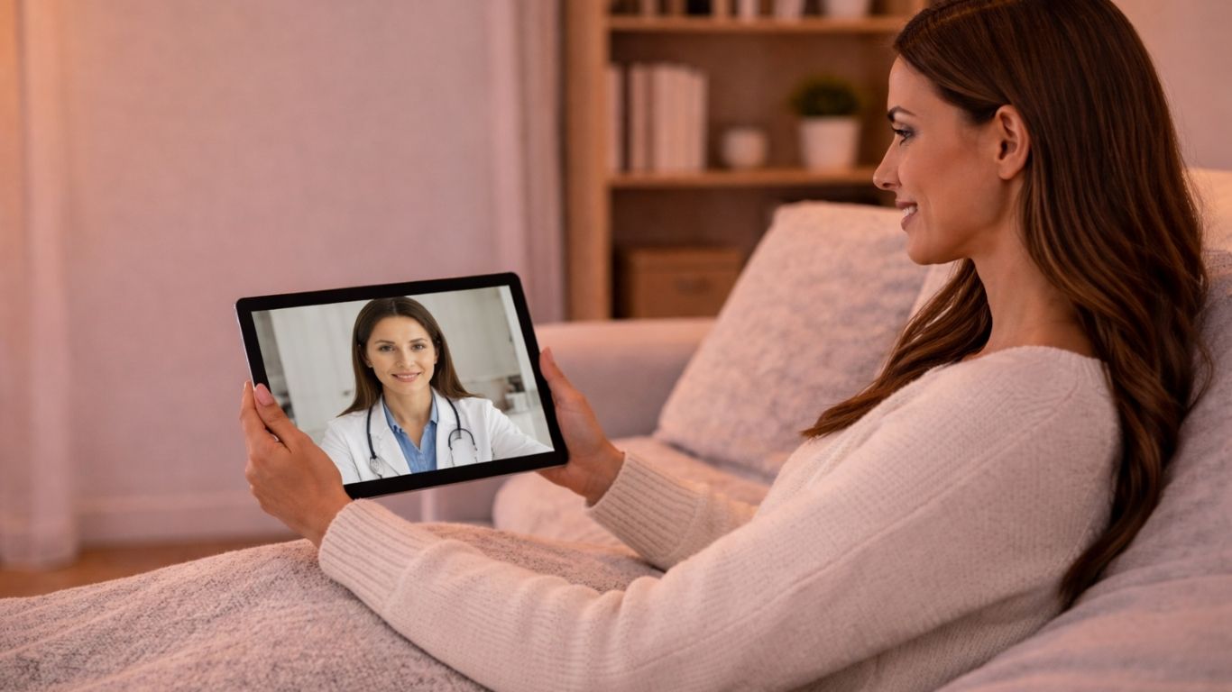 Mulher no lado direito em consulta online sobre pílula contracetiva com médica no tablet