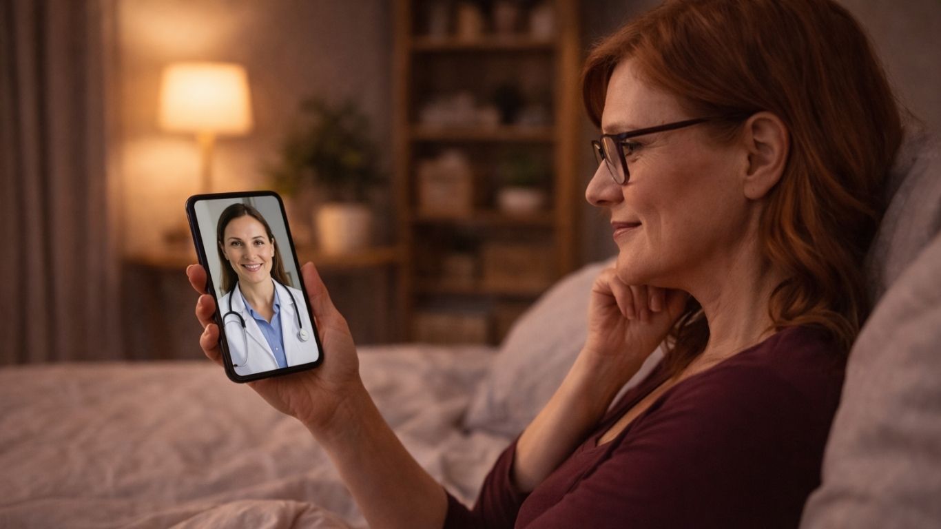 Mulher de óculos na cama, segurando um smartphone com imagem de médica sorridente. Representa uma consulta online rápida para o viajante com sintomas de rinite alérgica.