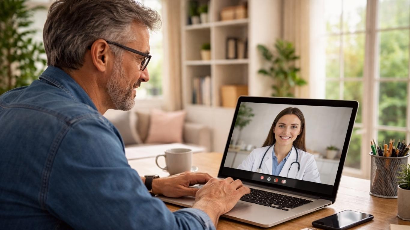 Homem em casa a realizar consulta médica por vídeo no notebook para avaliação de alergias alimentares de forma prática e segura