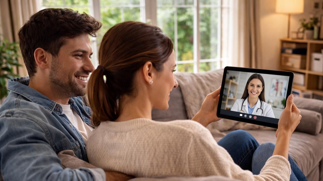 Casal em casa a realizar consulta médica por vídeo no tablet para avaliação de alergias de forma cómoda e segura