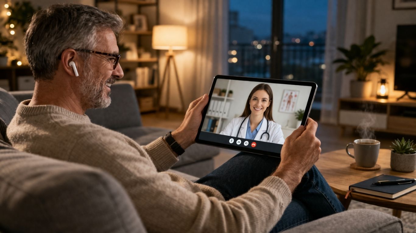 Homem em casa a realizar consulta médica por vídeo no tablet para avaliação de alergias de forma prática e segura