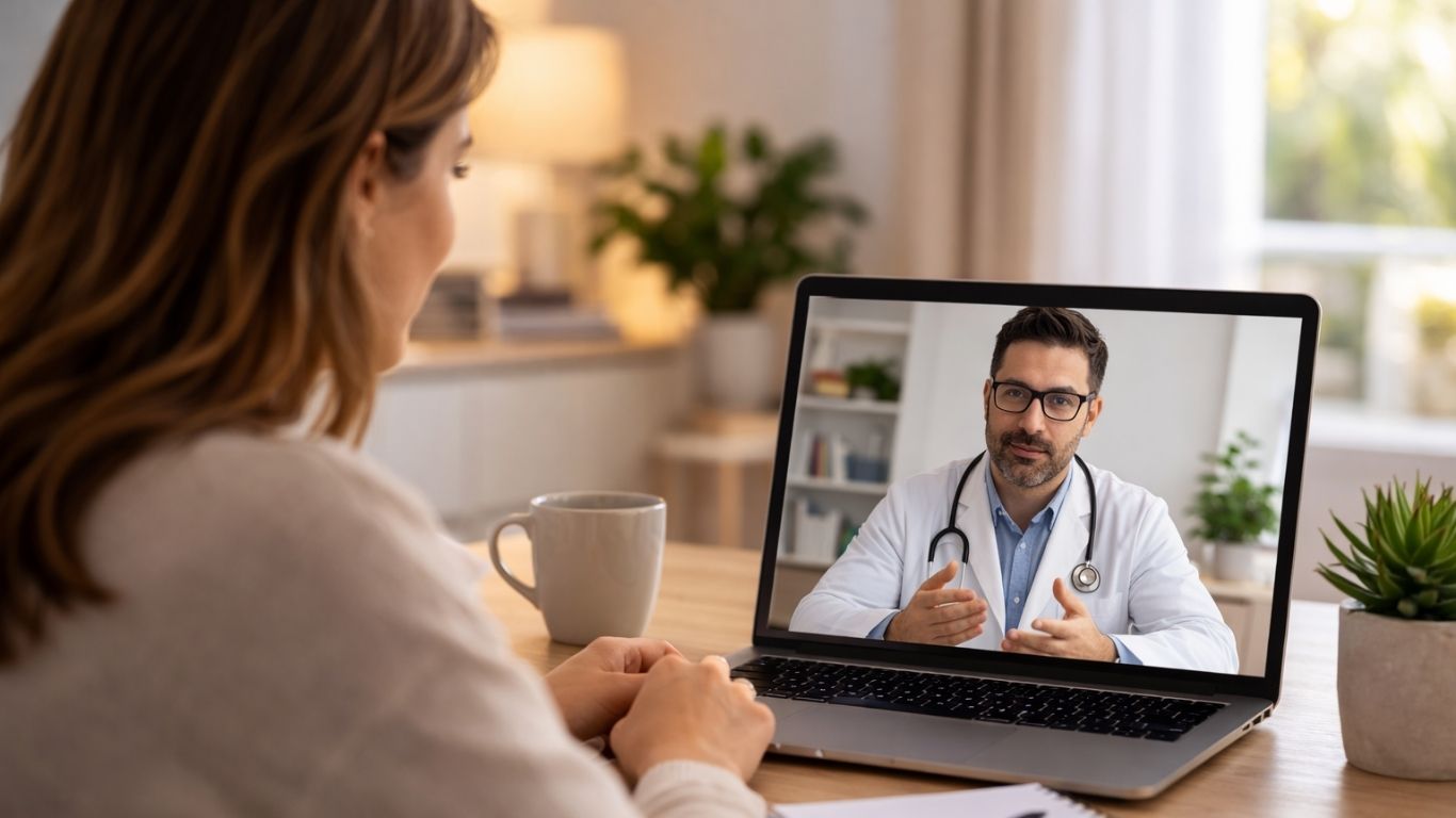 Paciente em consulta médica online com médico no computador para diagnóstico e esclarecimento sobre tricomoníase