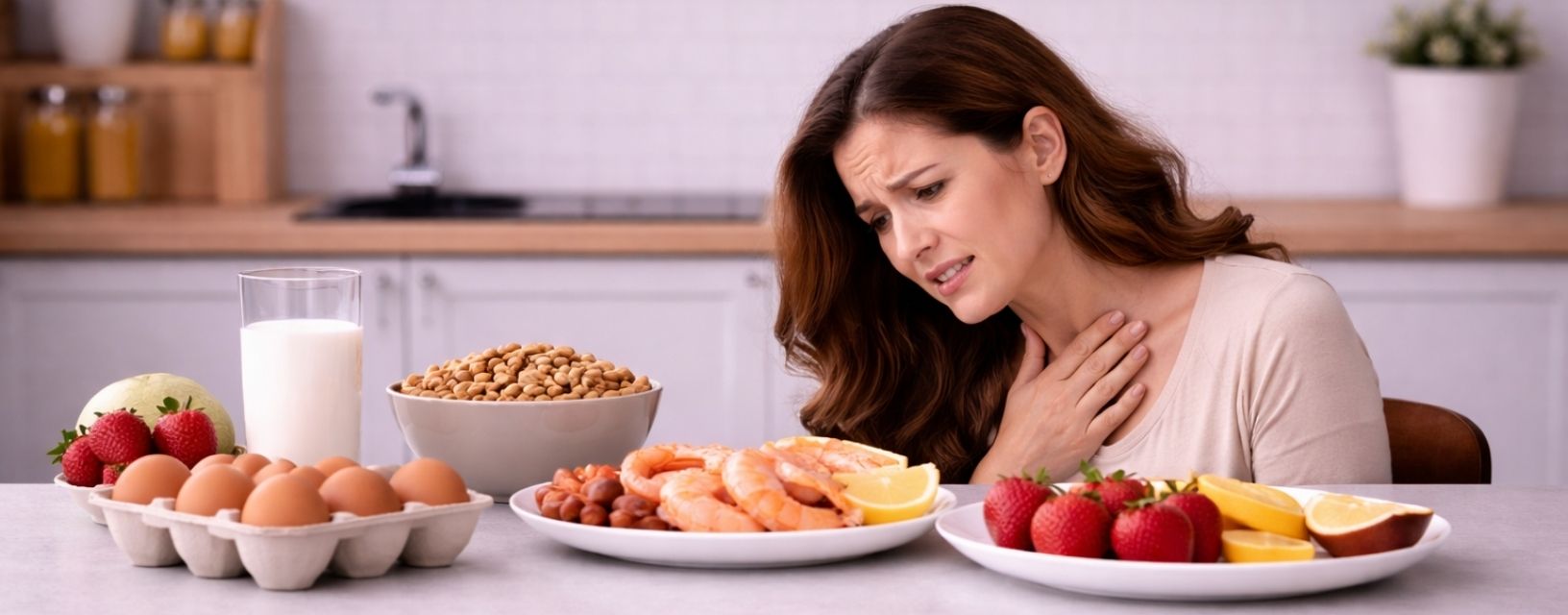 Mulher com reação a alergias alimentares olhando para alimentos como ovos, leite, frutos secos e marisco