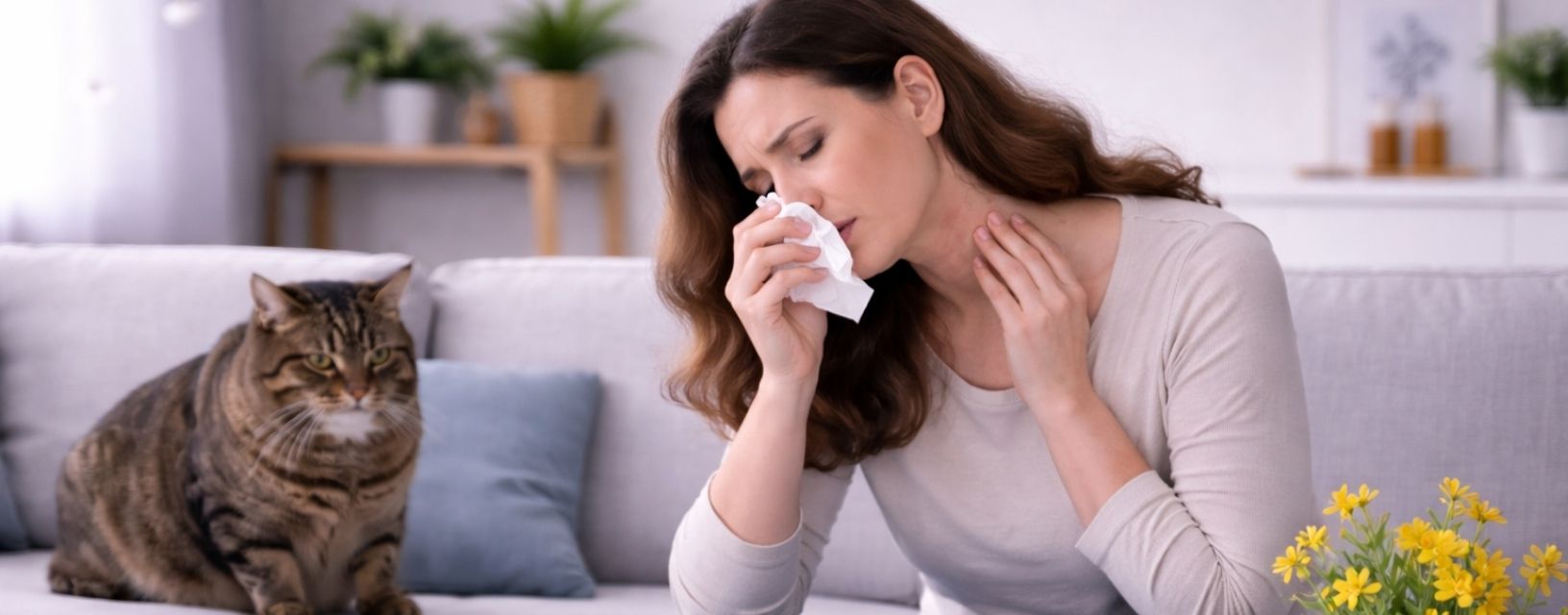 Mulher com sintomas de alergias a espirrar num sofá com um gato ao lado em ambiente doméstico