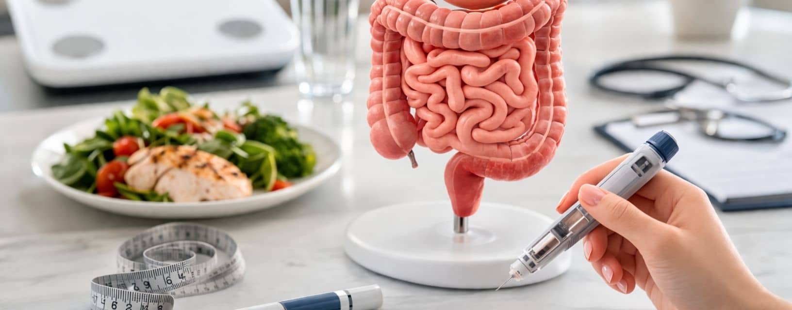 Caneta injetável GLP-1 junto a modelo do sistema digestivo