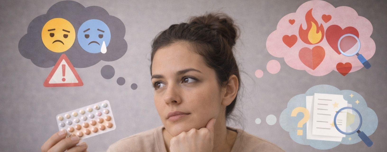 Mulher a refletir sobre efeitos da pílula contracetiva no humor e libido