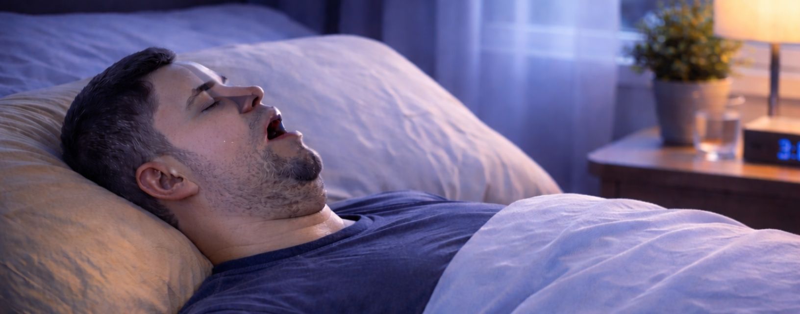 Homem a dormir com sinais de apneia do sono durante a noite