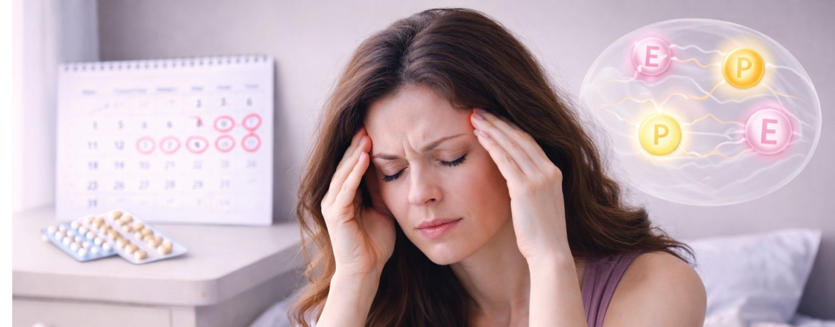 Mulher com enxaqueca e dor de cabeça intensa associada a alterações hormonais