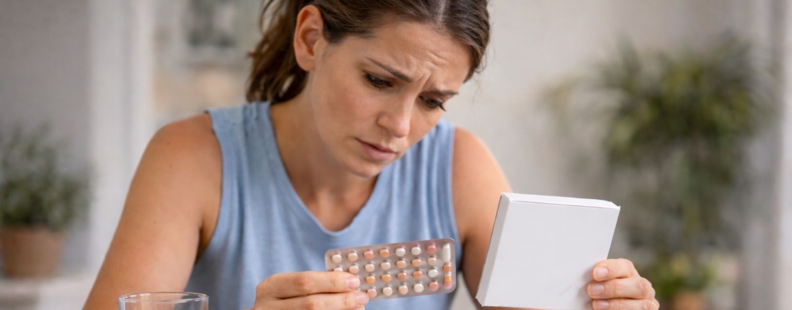 Mulher a analisar blister da pílula e instruções