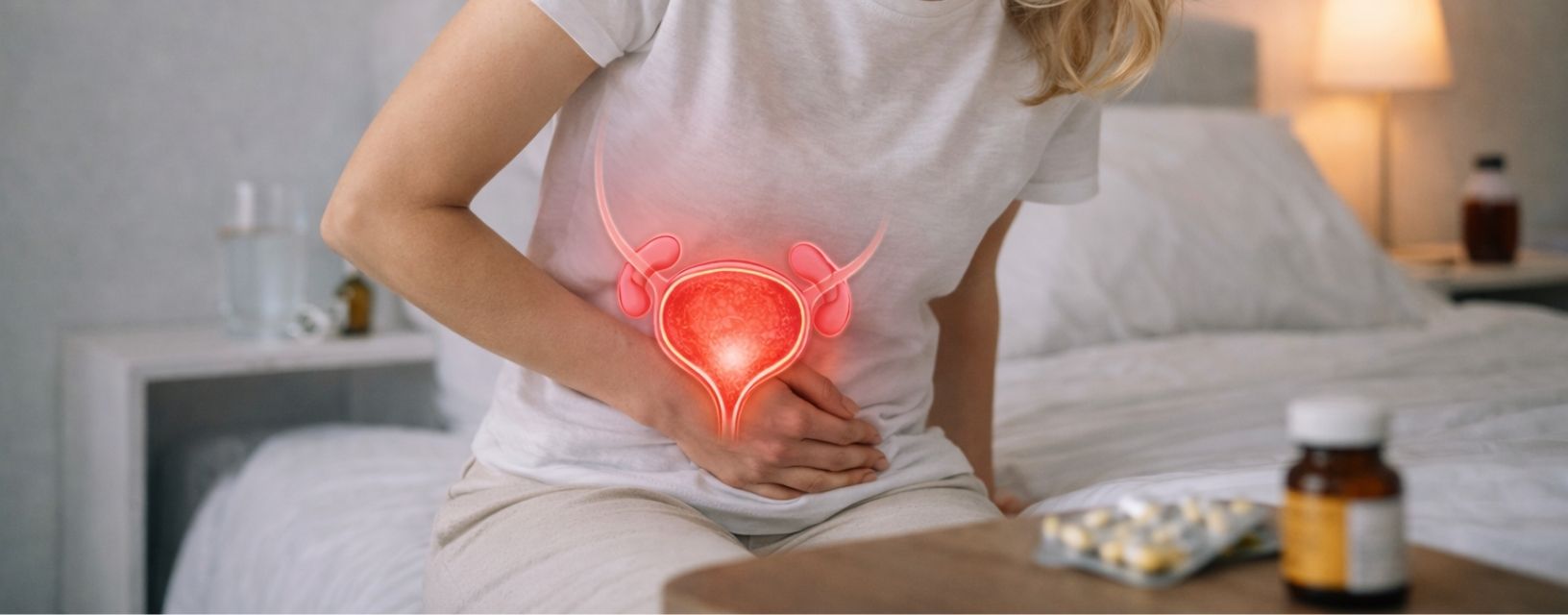 Mulher com dor abdominal causada por cistite