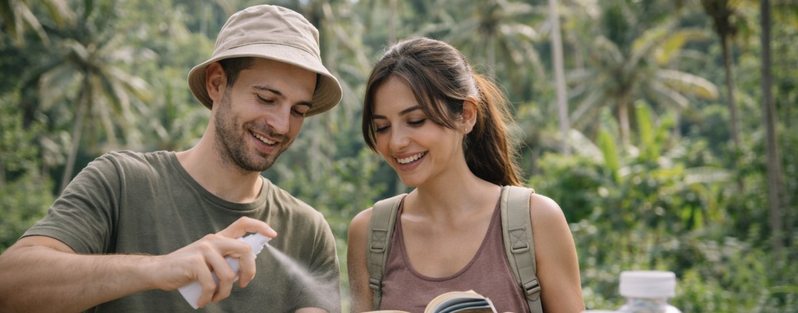 Casal a usar repelente para evitar malária