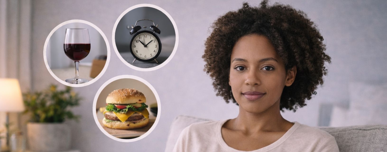 Mulher com possíveis gatilhos de enxaqueca como álcool, alimentação e sono