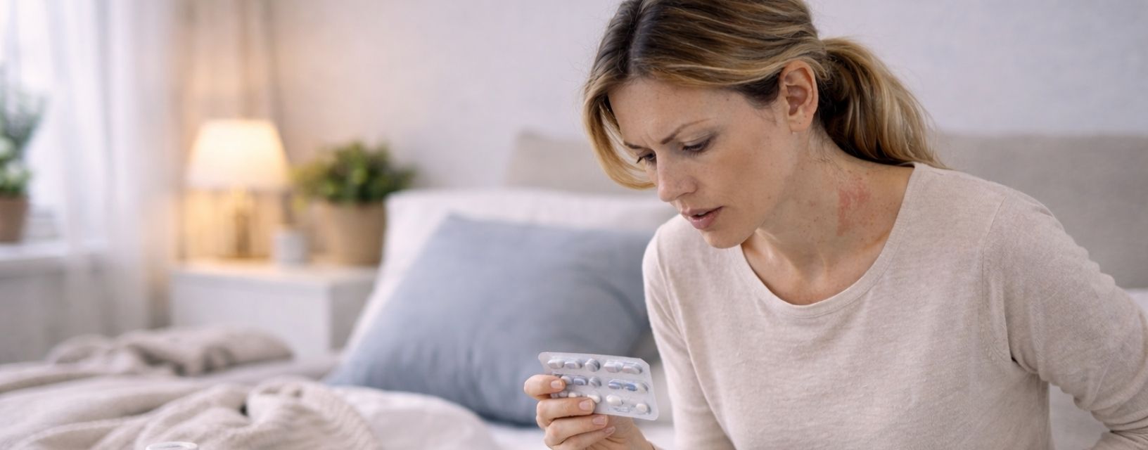 Mulher a observar comprimidos com sinais de irritação na pele, refletindo possível resistência a medicamentos