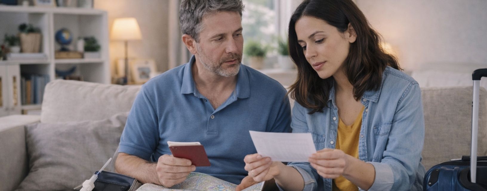 Casal a organizar documentos e mapa para uma viagem em casa