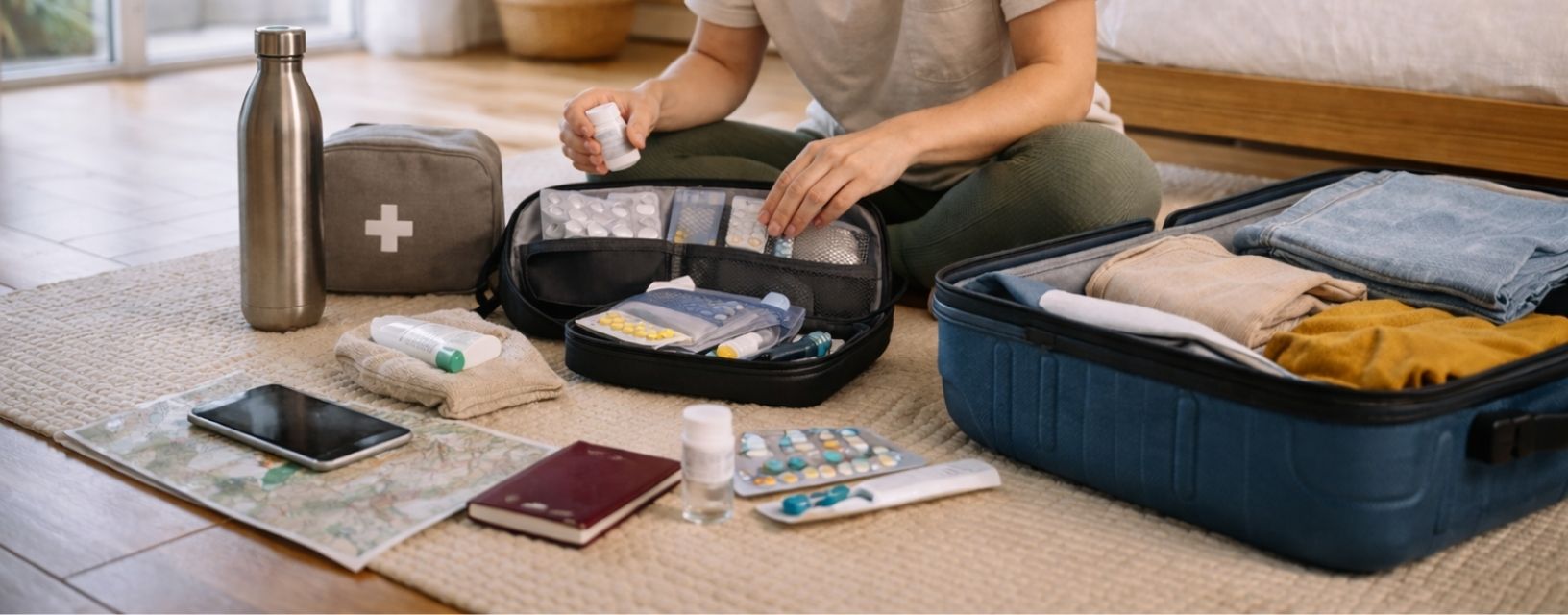 Pessoa a organizar um kit de saúde com medicamentos e primeiros socorros numa mala