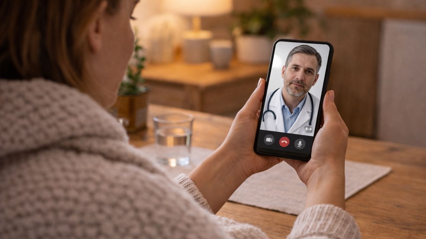 Mulher em casa em videochamada com médico para pedir baixa médica