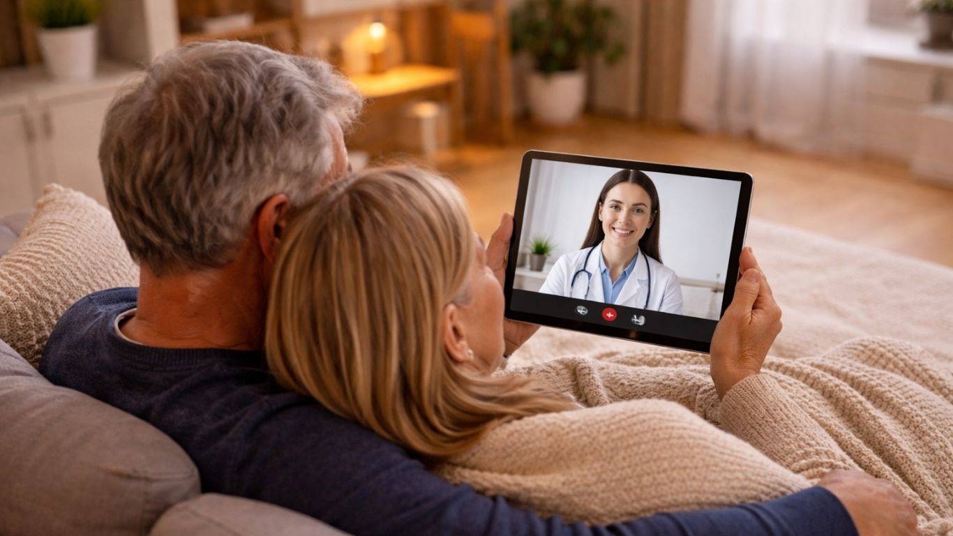 Casal sénior em casa em videochamada com médica para tratar de baixa médica