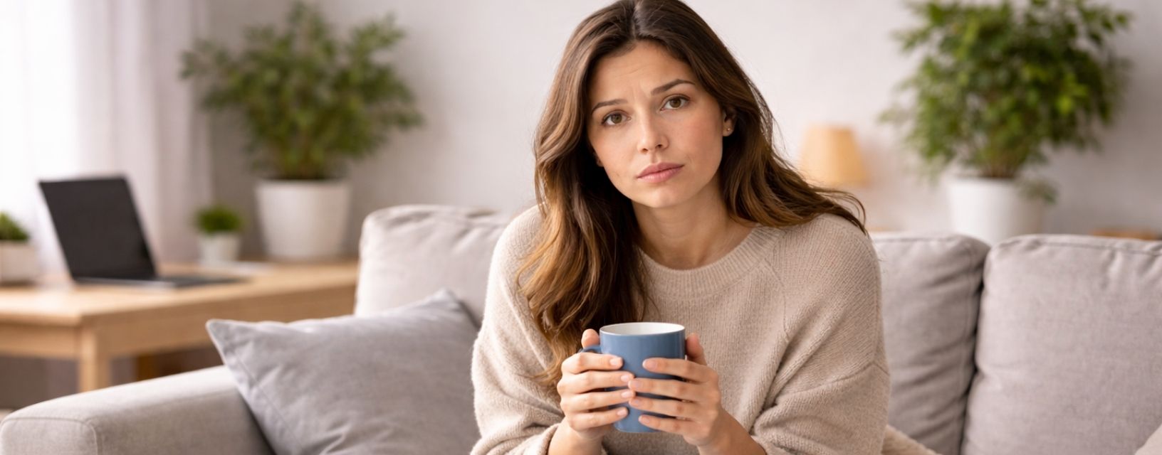Mulher em casa com expressão de cansaço a segurar uma chávena, associada a baixa médica