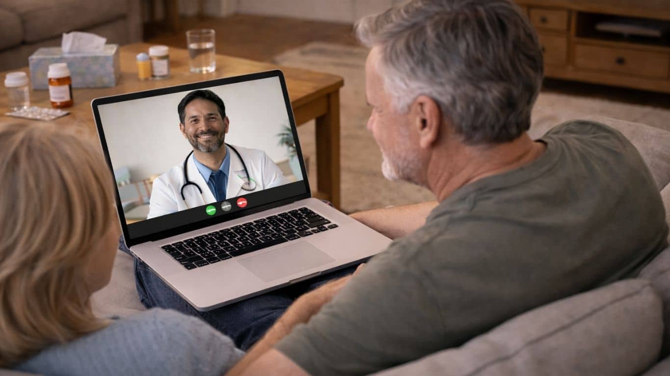 Casal em casa em consulta médica online para acompanhamento com GLP-1