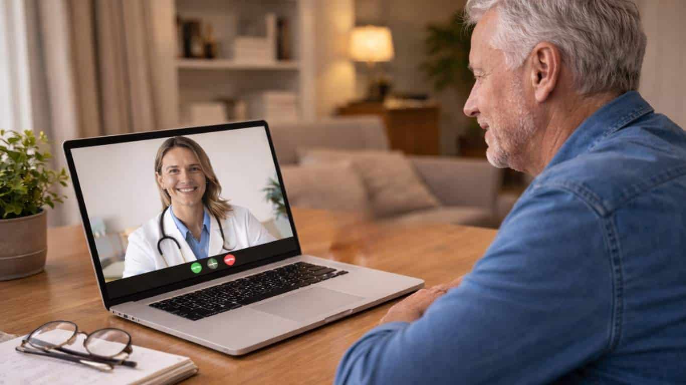 Homem em casa em consulta médica online para definição de tratamento