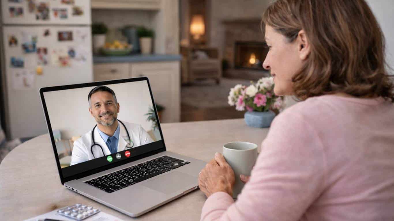 Mulher em casa em consulta médica online para acompanhamento da obesidade