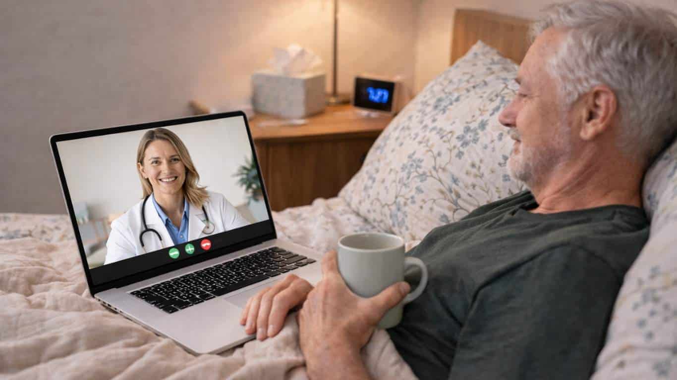 Homem em casa em consulta médica online para acompanhamento da obesidade