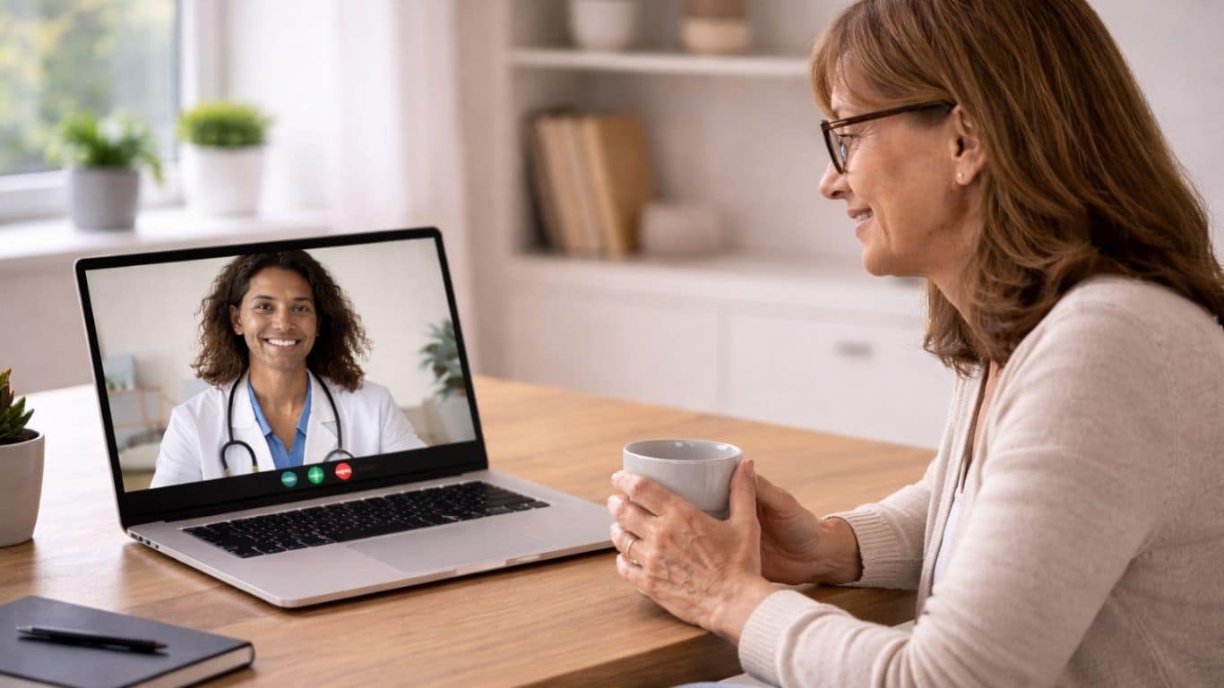 Mulher em casa em consulta médica online para acompanhamento do peso