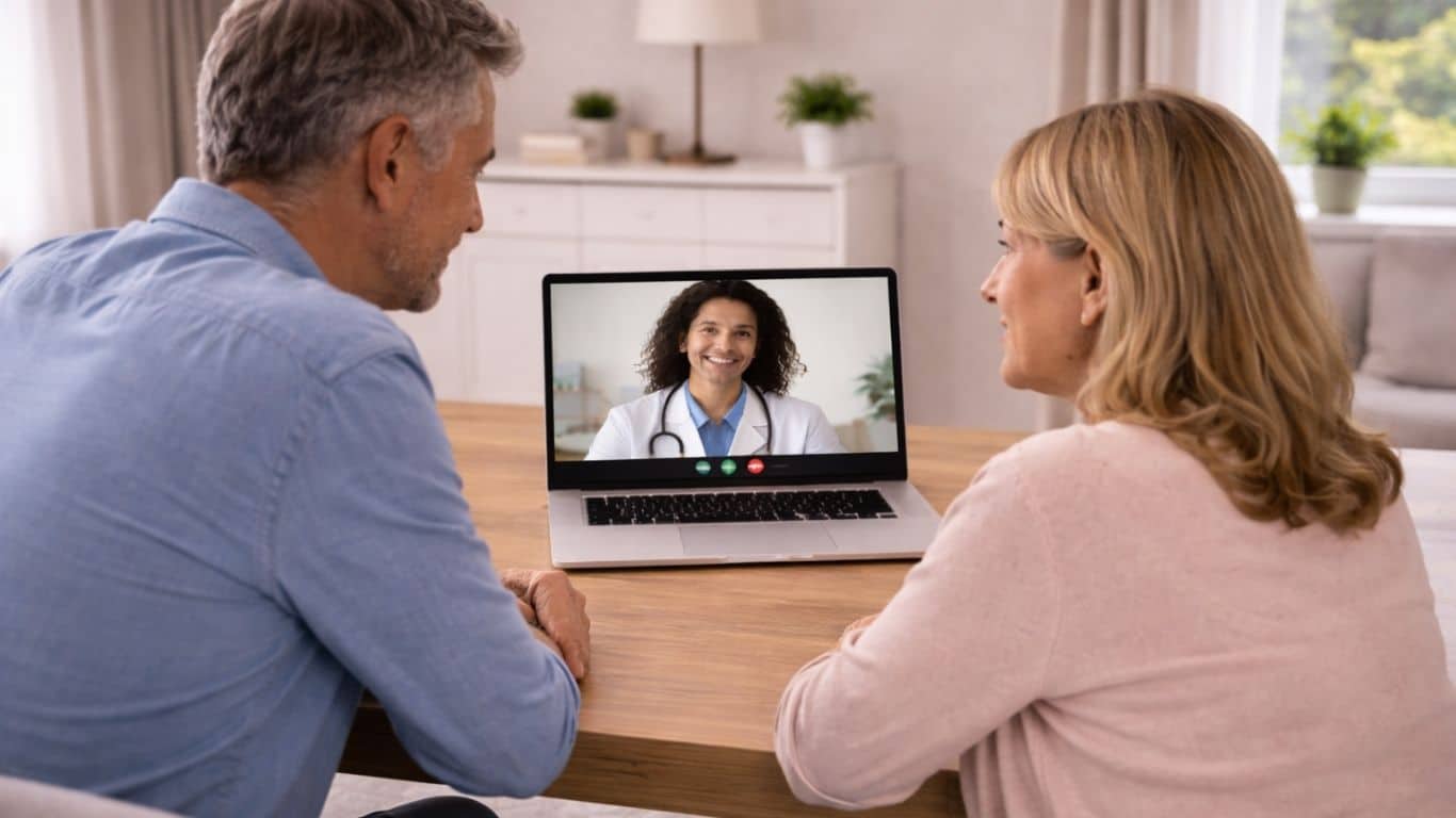 Casal em casa em consulta médica online para obter receita eletrónica