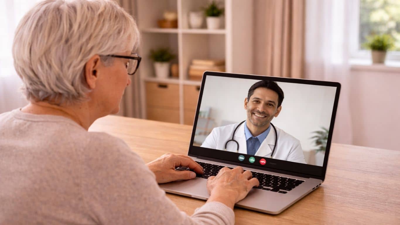 Mulher em casa em consulta médica online para controlo do peso