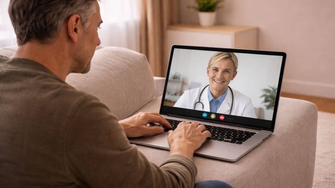 Homem em casa em teleconsulta com médica através do portátil