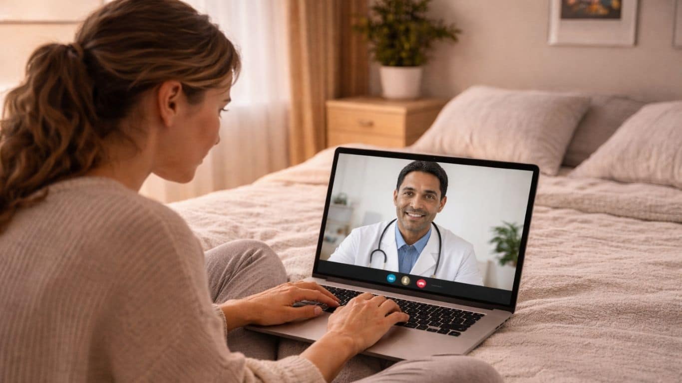 Mulher em casa a realizar teleconsulta médica através do portátil