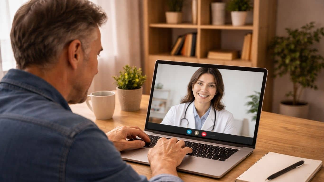Homem em casa em consulta médica online para orientação sobre injeção