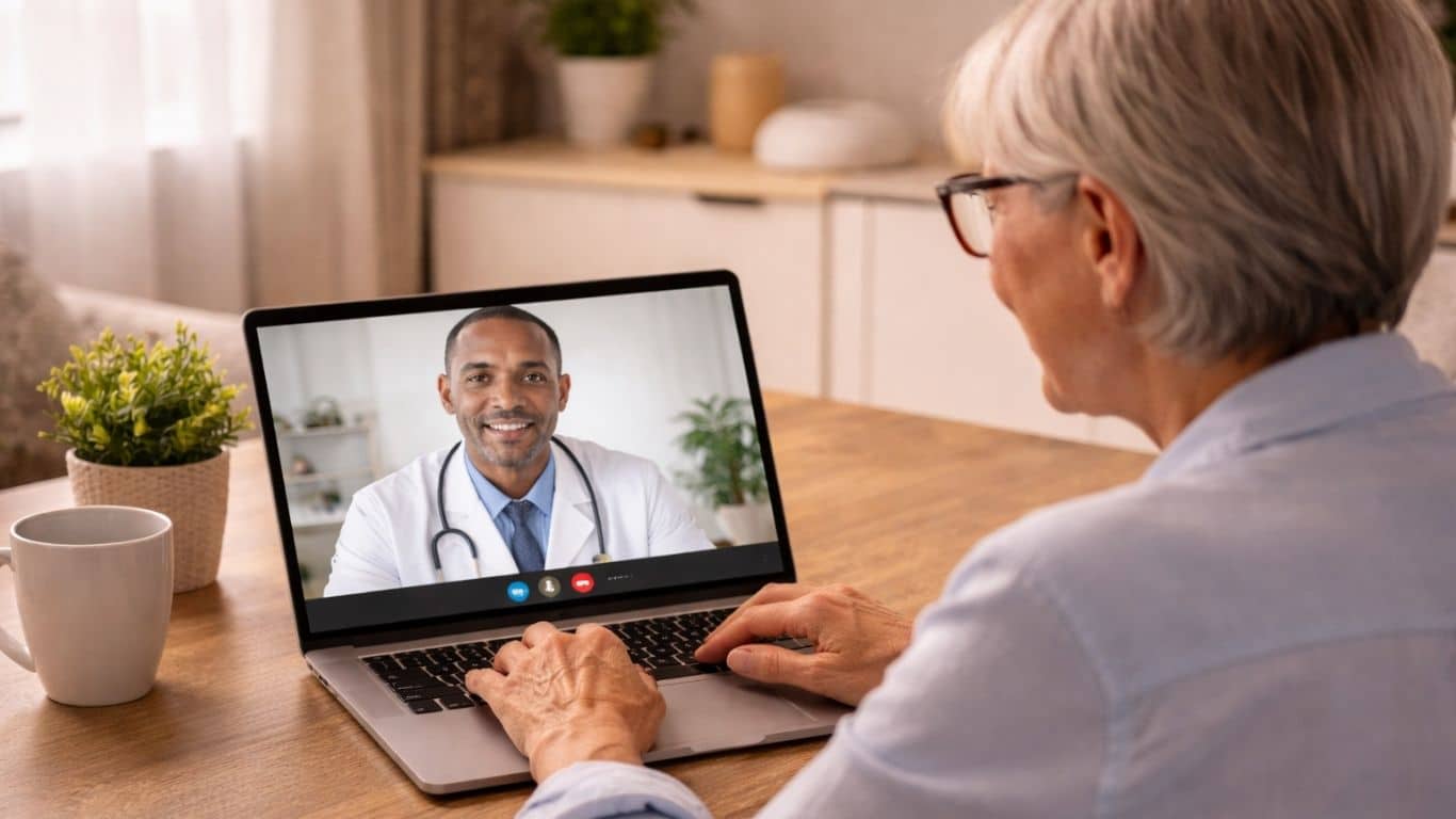 Idosa em casa a realizar uma teleconsulta médica através do computador portátil