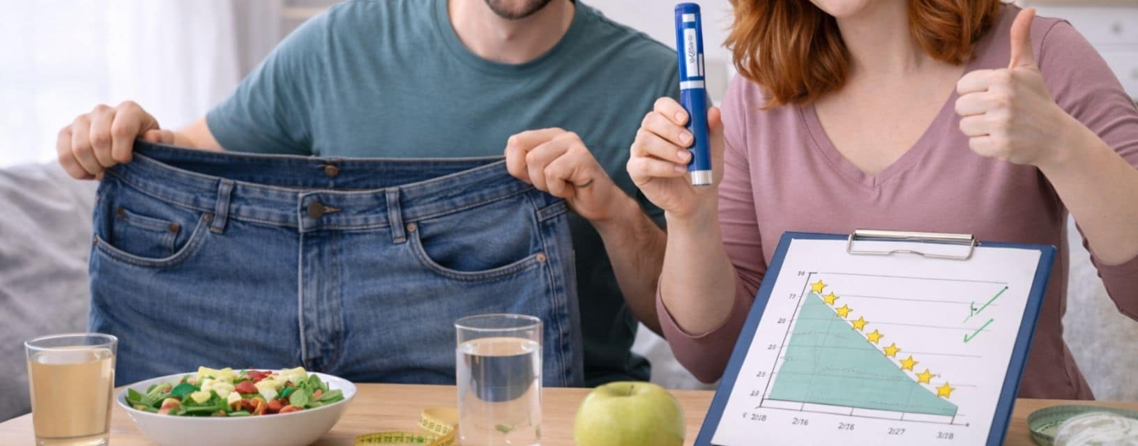 Casal satisfeito mostrando perda de peso com roupa larga e hábitos saudáveis